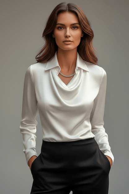 Elegant women's blouse featuring a draped collar and long sleeves, designed with a luxurious satin finish, perfect for both casual and formal occasions. 0