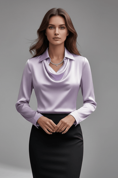 Elegant women's blouse featuring a draped collar and long sleeves, designed with a luxurious satin finish, perfect for both casual and formal occasions. 12