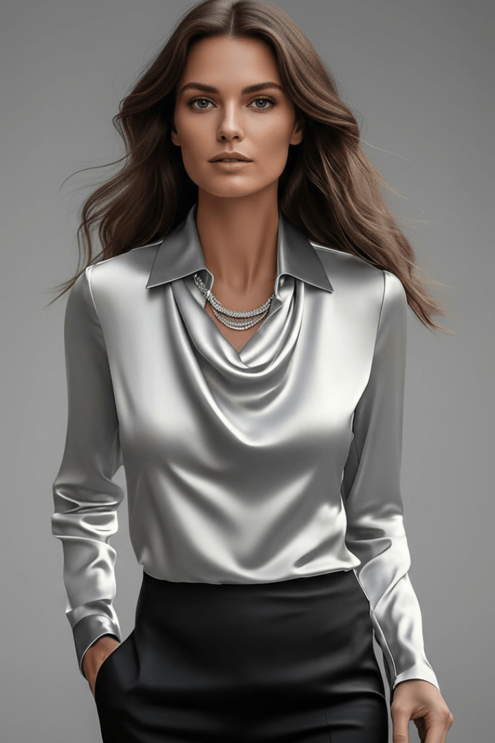 Elegant women's blouse featuring a draped collar and long sleeves, designed with a luxurious satin finish, perfect for both casual and formal occasions. 13