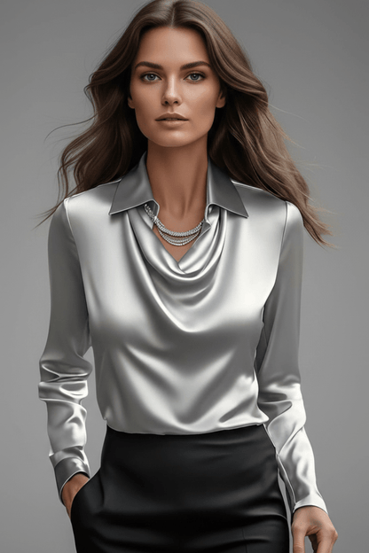Elegant women's blouse featuring a draped collar and long sleeves, designed with a luxurious satin finish, perfect for both casual and formal occasions. 13