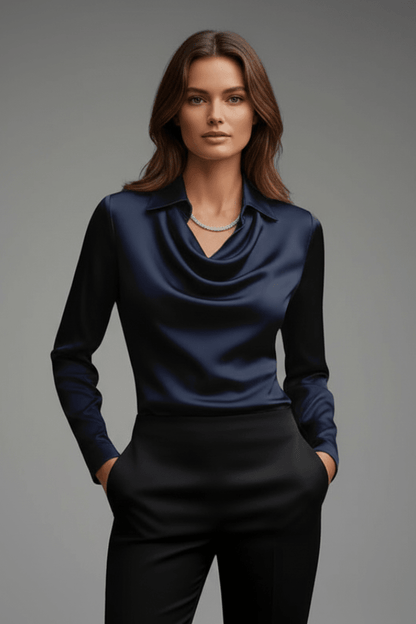 Elegant women's blouse featuring a draped collar and long sleeves, designed with a luxurious satin finish, perfect for both casual and formal occasions. 6