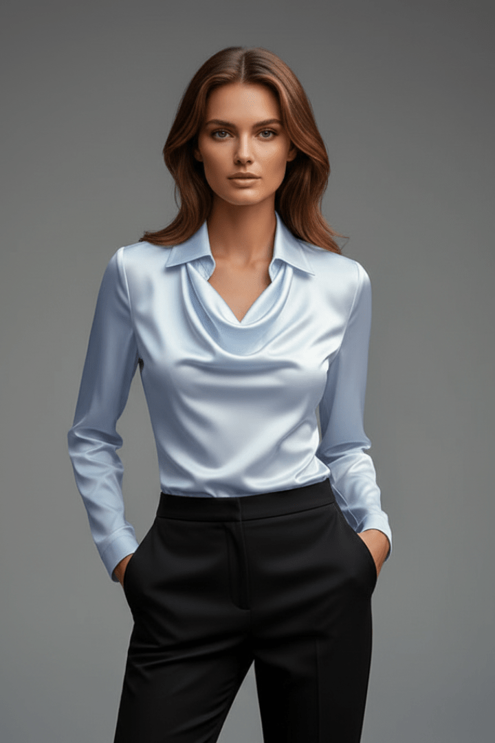 Elegant women's blouse featuring a draped collar and long sleeves, designed with a luxurious satin finish, perfect for both casual and formal occasions. 11