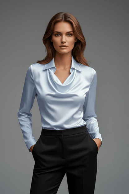Elegant women's blouse featuring a draped collar and long sleeves, designed with a luxurious satin finish, perfect for both casual and formal occasions. 11