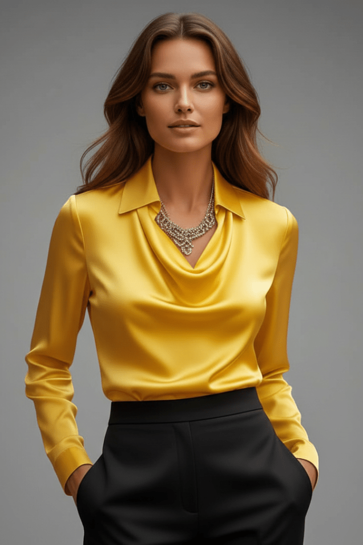 Elegant women's blouse featuring a draped collar and long sleeves, designed with a luxurious satin finish, perfect for both casual and formal occasions. 10