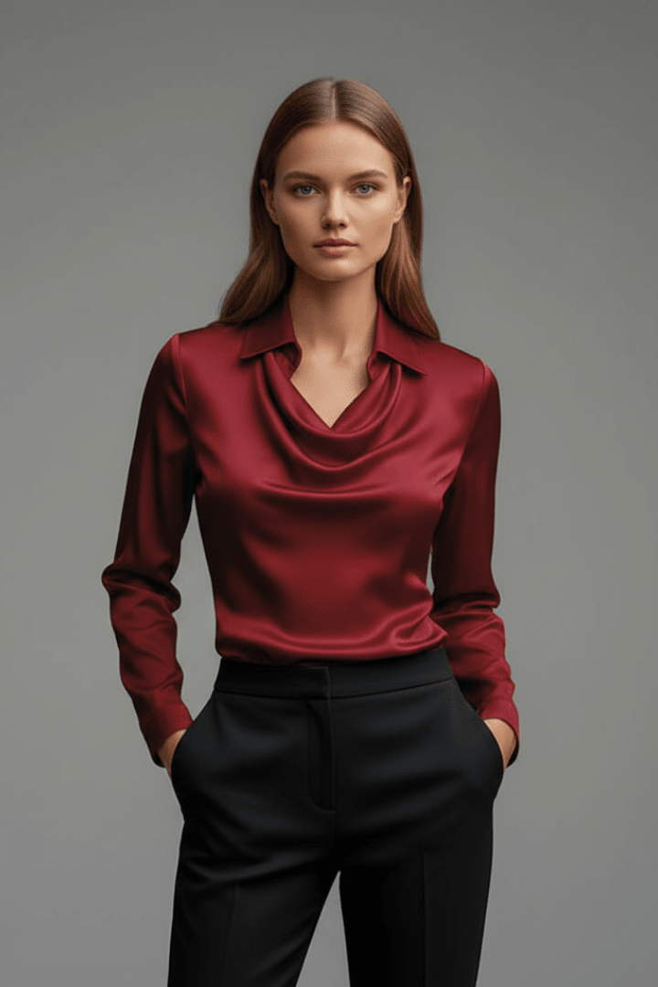 Elegant women's blouse featuring a draped collar and long sleeves, designed with a luxurious satin finish, perfect for both casual and formal occasions. 7