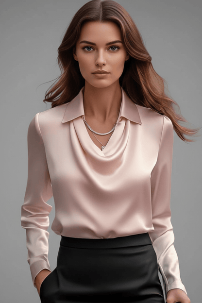 Elegant women's blouse featuring a draped collar and long sleeves, designed with a luxurious satin finish, perfect for both casual and formal occasions. 9