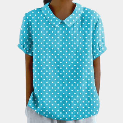 Women's vintage loose-fit summer blouse featuring a classic Peter Pan collar, crafted from breathable fabric for comfort and style. 2