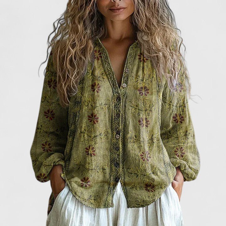 Womens blouse featuring a retro leaf print, crafted from soft fabric, perfect for versatile styling for any occasion. 2