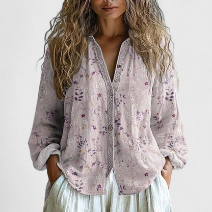 Womens blouse featuring a retro leaf print, crafted from soft fabric, perfect for versatile styling for any occasion. 1