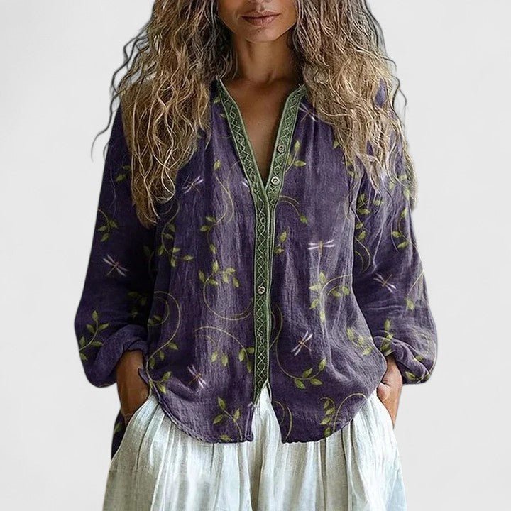 Womens blouse featuring a retro leaf print, crafted from soft fabric, perfect for versatile styling for any occasion. 0