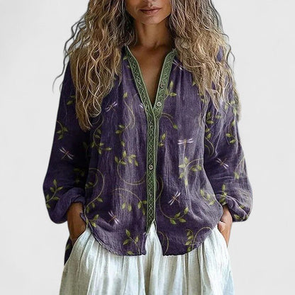Womens blouse featuring a retro leaf print, crafted from soft fabric, perfect for versatile styling for any occasion. 0