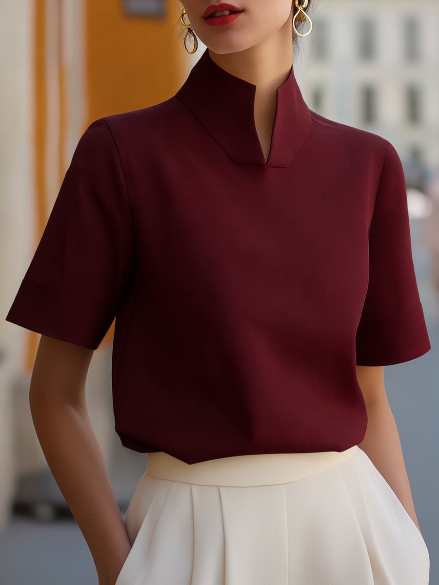 Women's business blouse featuring a stylish stand-up collar and short sleeves, perfect for elegant professional wear in the office or business meetings. 7