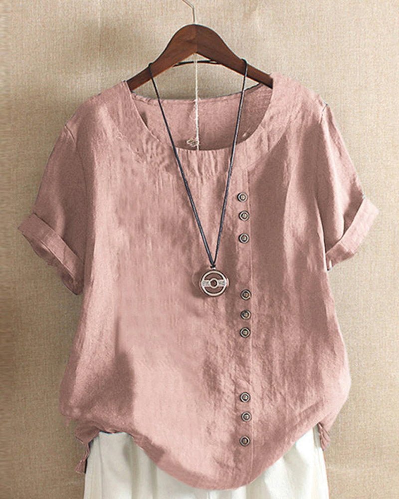 Women's button front top featuring a relaxed fit and short sleeves, perfect for casual summer wear, crafted from soft, breathable fabric. 0