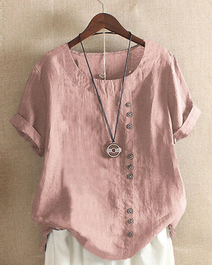 Women's button front top featuring a relaxed fit and short sleeves, perfect for casual summer wear, crafted from soft, breathable fabric. 0