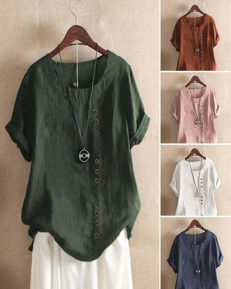 Women's button front top featuring a relaxed fit and short sleeves, perfect for casual summer wear, crafted from soft, breathable fabric. 6