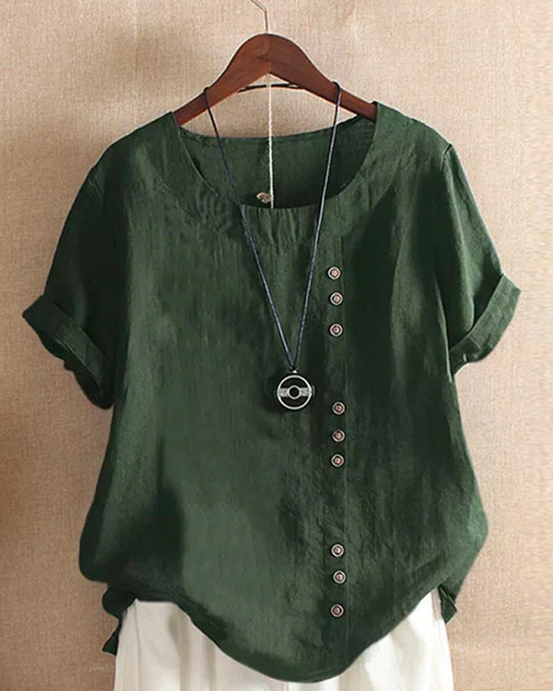 Women's button front top featuring a relaxed fit and short sleeves, perfect for casual summer wear, crafted from soft, breathable fabric. 1