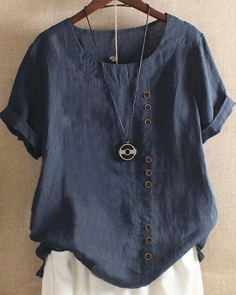 Women's button front top featuring a relaxed fit and short sleeves, perfect for casual summer wear, crafted from soft, breathable fabric. 2
