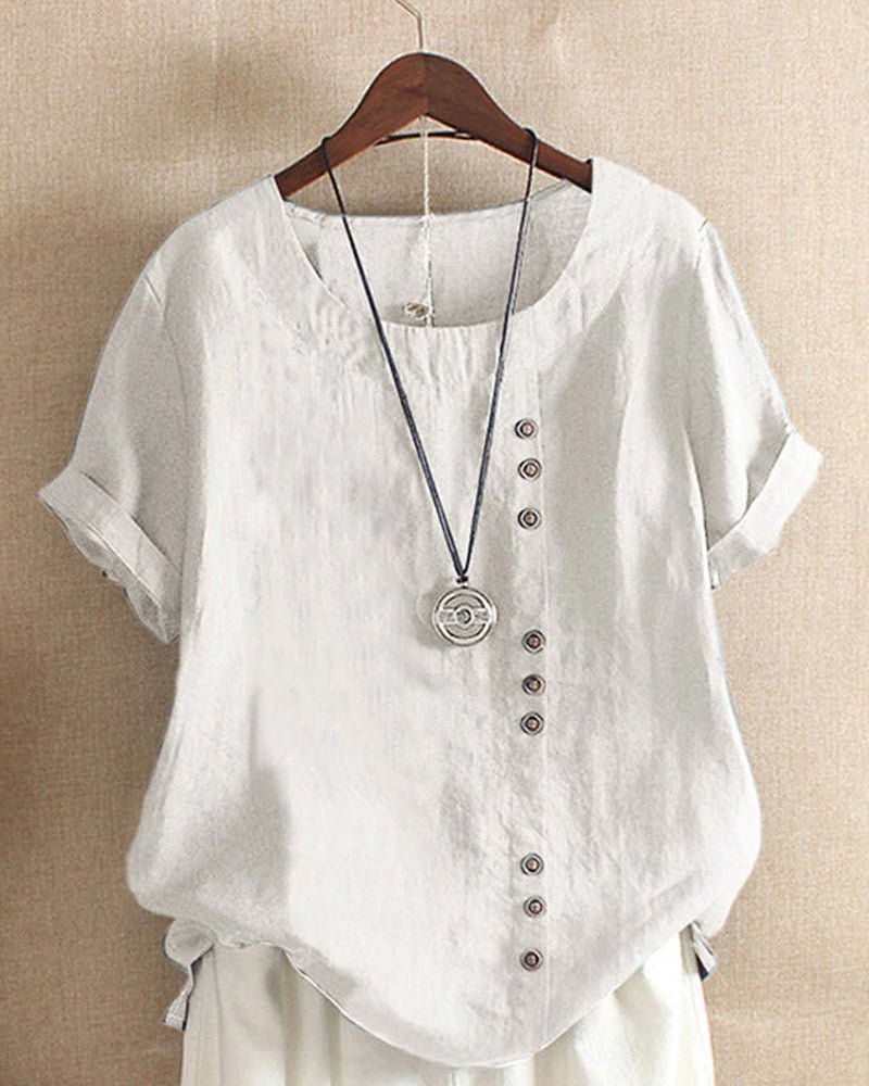 Women's button front top featuring a relaxed fit and short sleeves, perfect for casual summer wear, crafted from soft, breathable fabric. 5