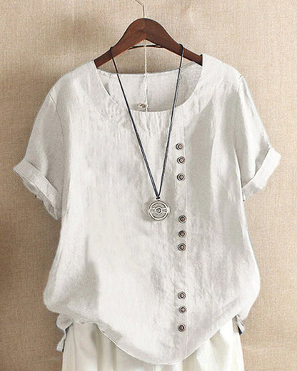 Women's button front top featuring a relaxed fit and short sleeves, perfect for casual summer wear, crafted from soft, breathable fabric. 5