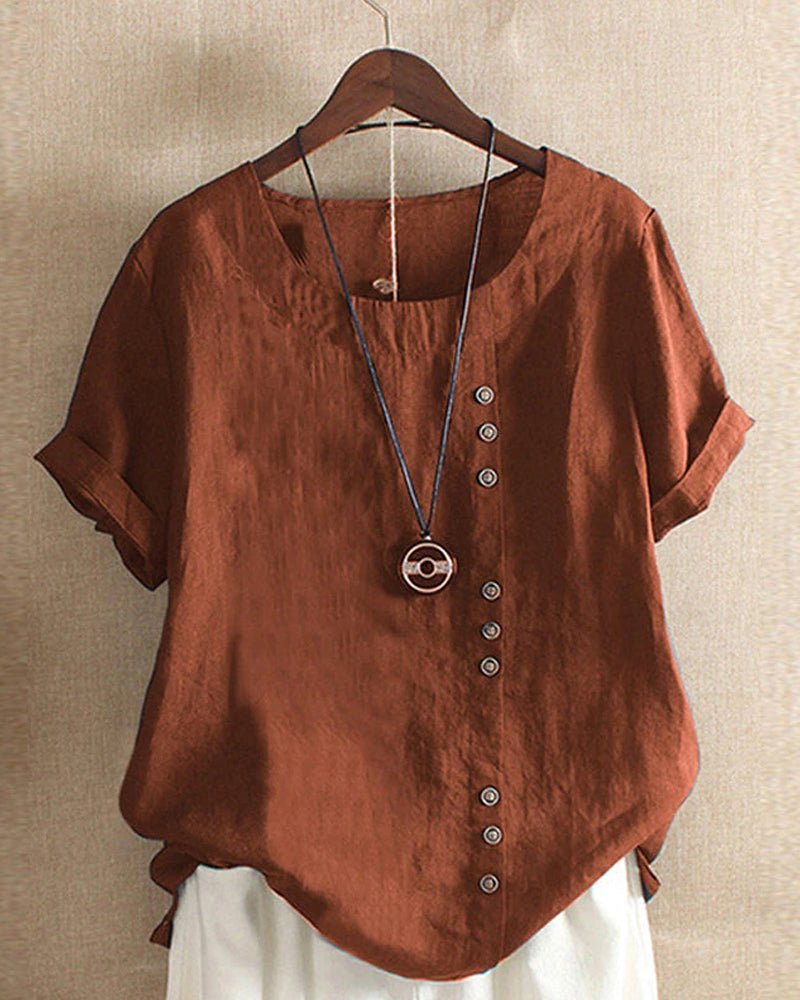 Women's button front top featuring a relaxed fit and short sleeves, perfect for casual summer wear, crafted from soft, breathable fabric. 3
