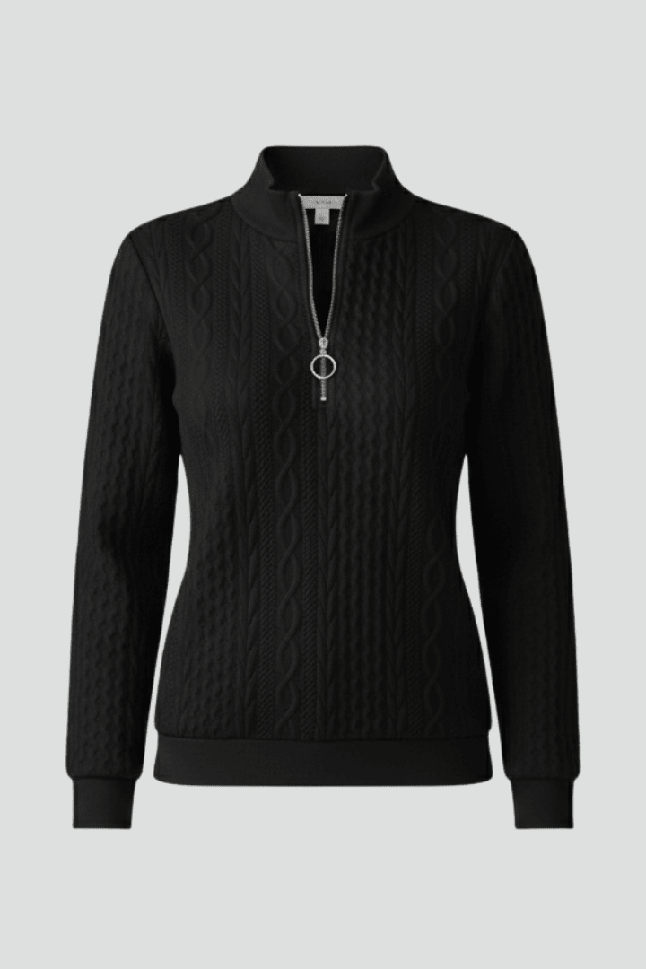 Women's cable knit jumper featuring a stylish zip neck, designed for casual comfort with long sleeves, perfect for everyday wear. 1