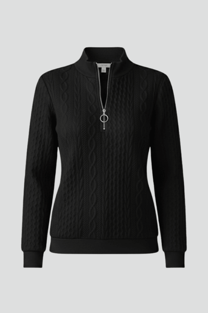 Women's cable knit jumper featuring a stylish zip neck, designed for casual comfort with long sleeves, perfect for everyday wear. 1