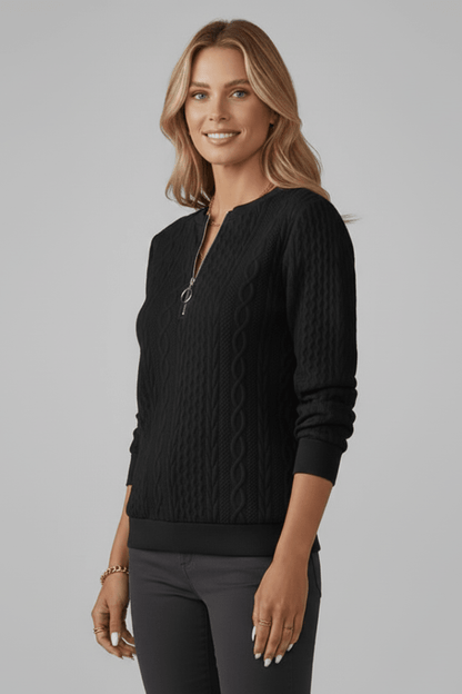 Women's cable knit jumper featuring a stylish zip neck, designed for casual comfort with long sleeves, perfect for everyday wear. 4