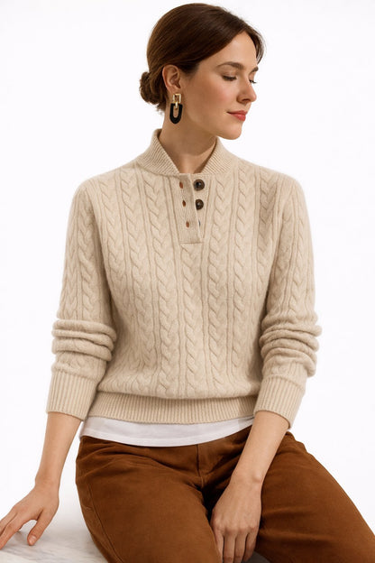 Women's cable knit sweater featuring an adjustable mock neck, crafted from a soft wool blend, perfect for versatile casual styling. 3