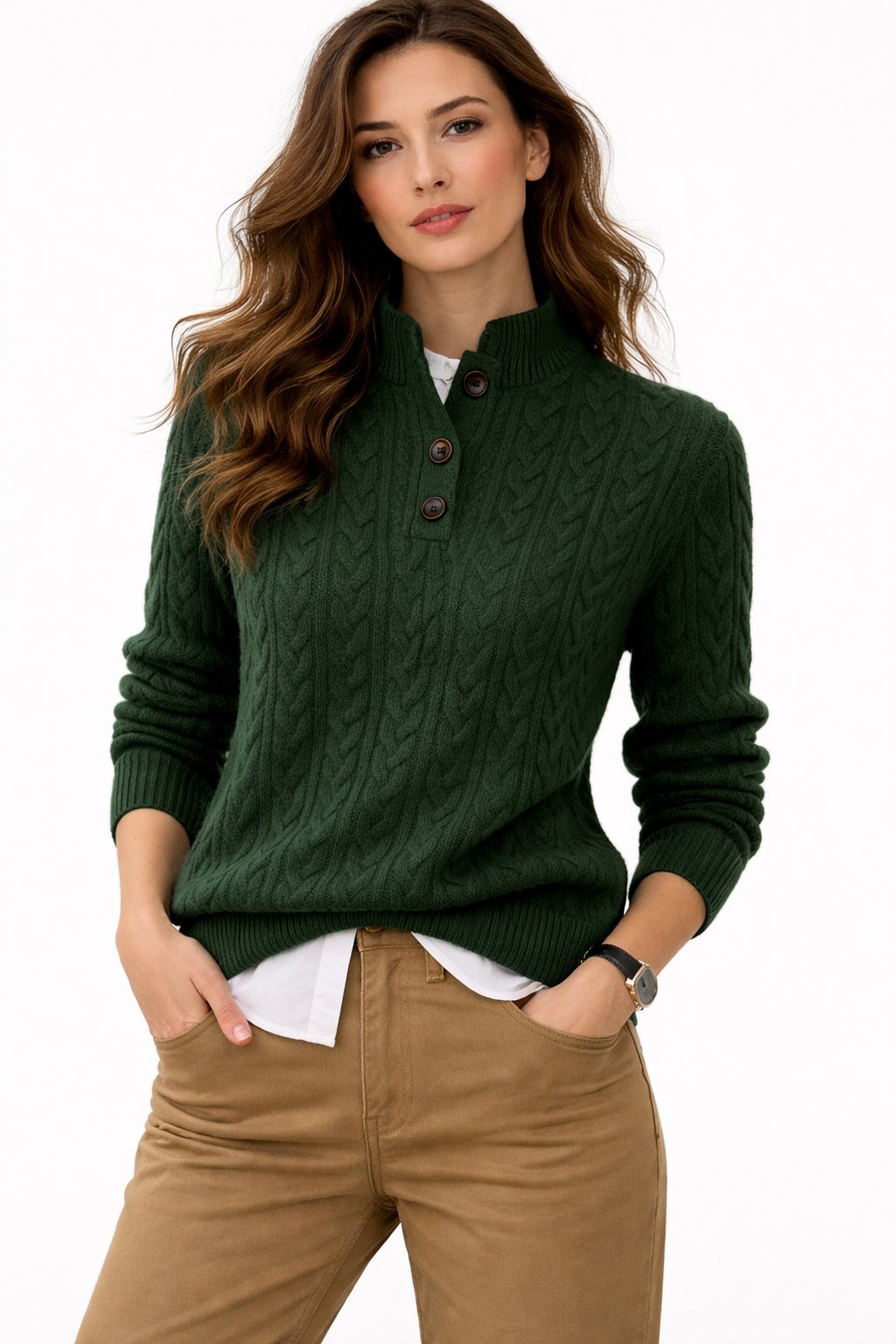 Women's cable knit sweater featuring an adjustable mock neck, crafted from a soft wool blend, perfect for versatile casual styling. 1