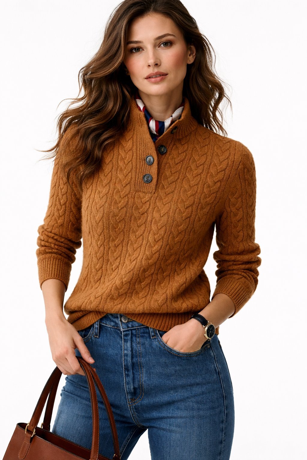 Women's cable knit sweater featuring an adjustable mock neck, crafted from a soft wool blend, perfect for versatile casual styling. 0