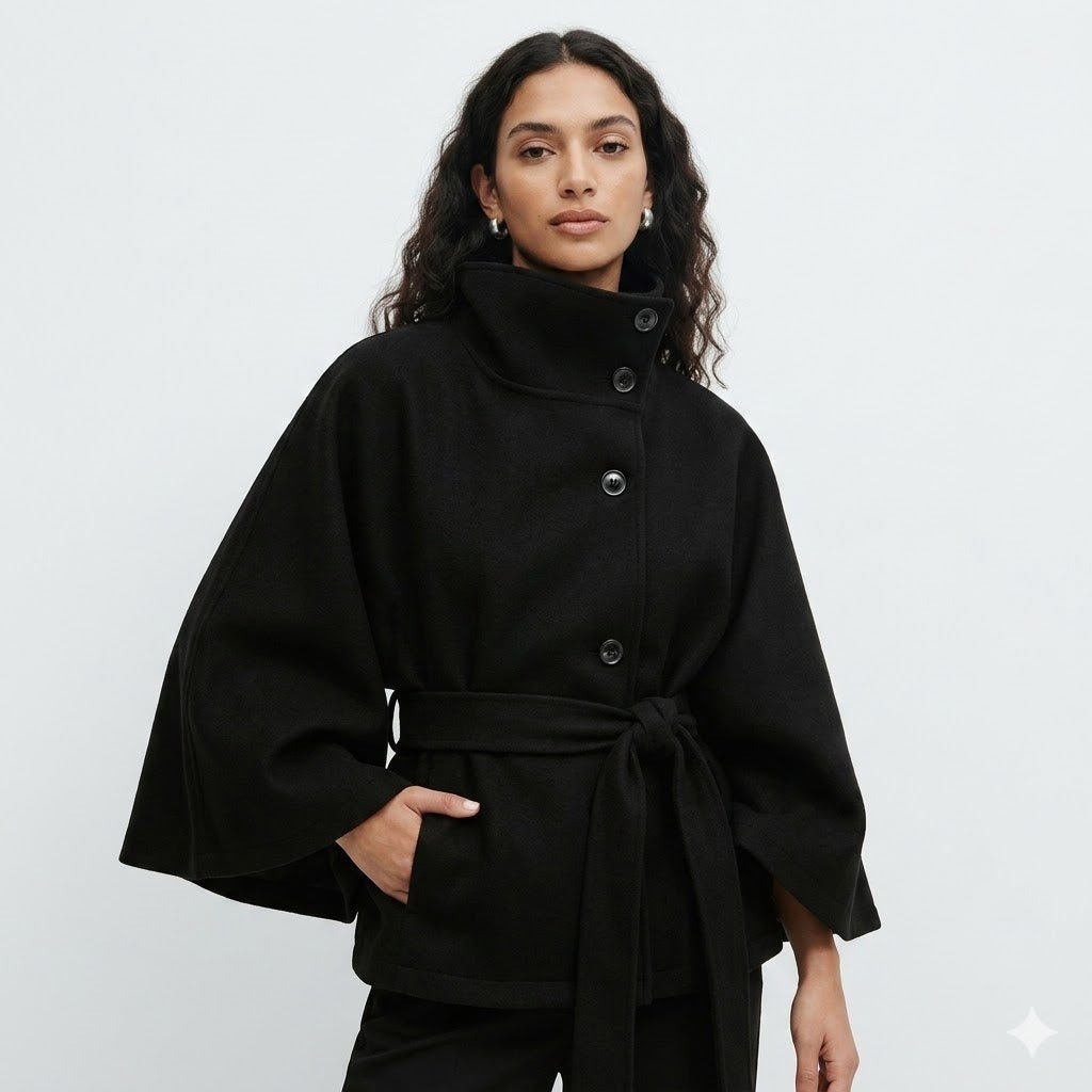 Women's cape coat featuring an adjustable waist belt and high neck, designed for elegant winter layering in a soft polyester blend fabric. 0