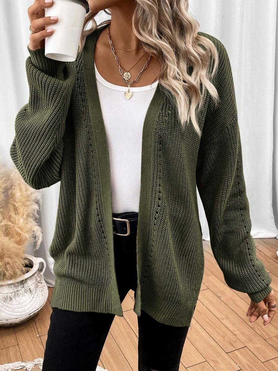 Women's white cardigan featuring pointelle knit design and drop shoulders, perfect for casual layering in any season. 4