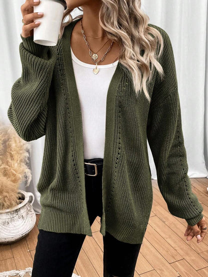 Women's white cardigan featuring pointelle knit design and drop shoulders, perfect for casual layering in any season. 4