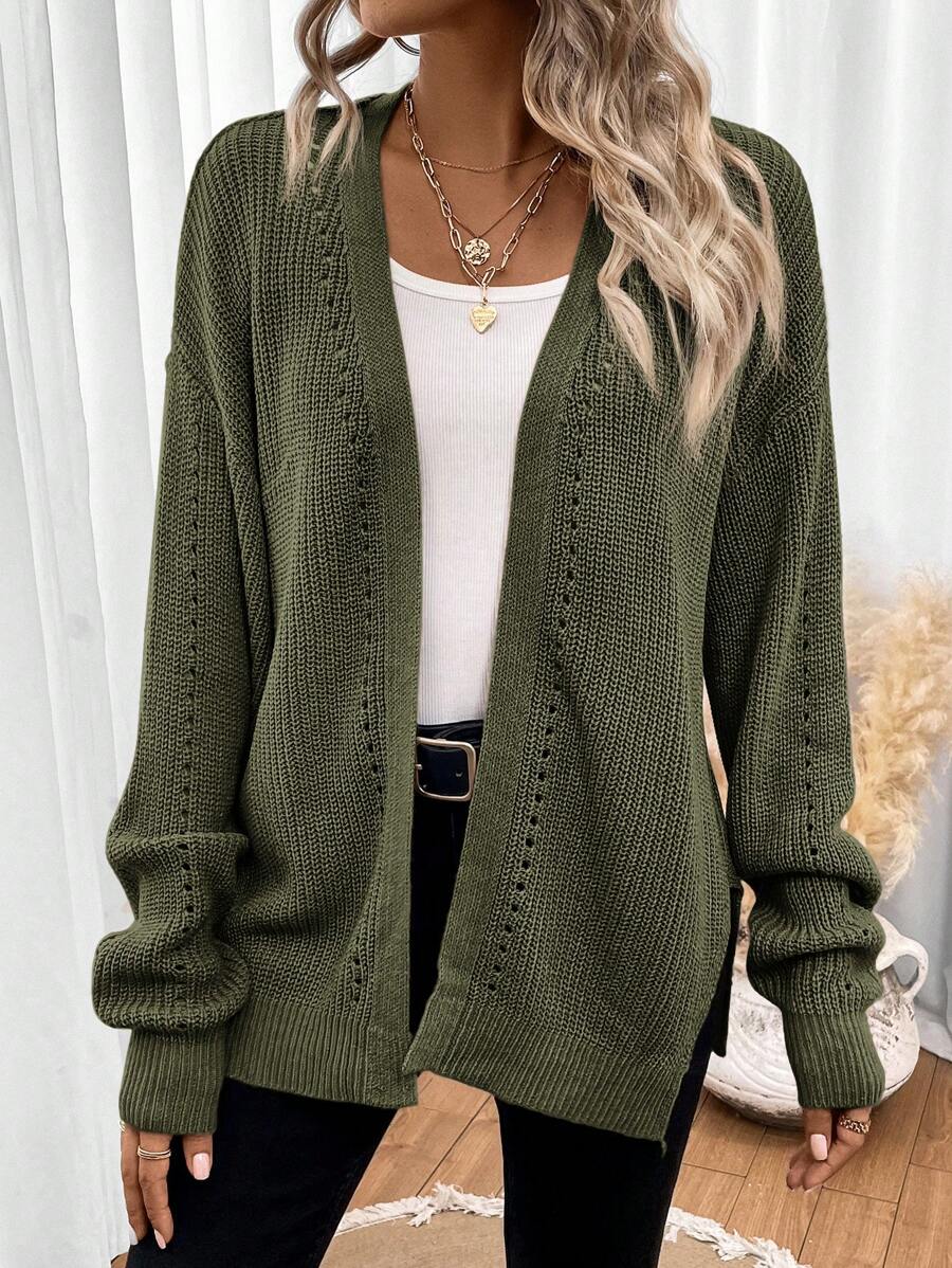 Women's white cardigan featuring pointelle knit design and drop shoulders, perfect for casual layering in any season. 0