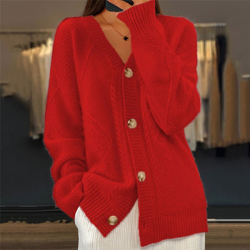 Women's cardigan featuring a stylish V-neck design, crafted from a soft wool-blend fabric, perfect for cozy layering in any season. 6