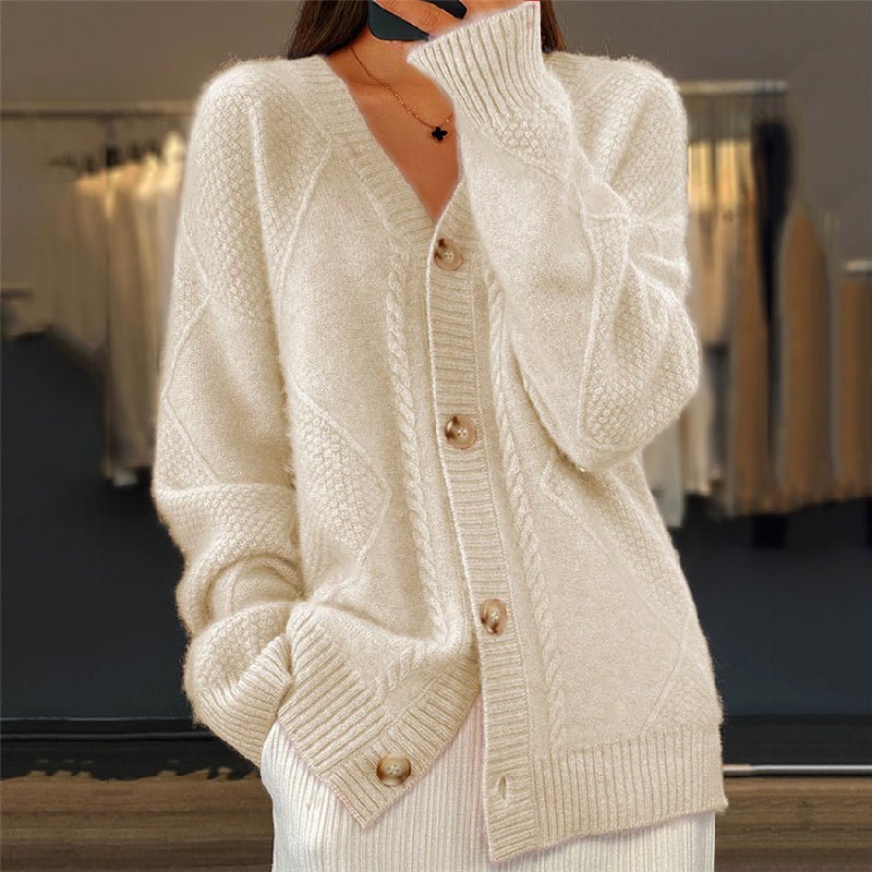Women's cardigan featuring a stylish V-neck design, crafted from a soft wool-blend fabric, perfect for cozy layering in any season. 4
