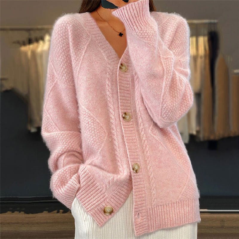 Women's cardigan featuring a stylish V-neck design, crafted from a soft wool-blend fabric, perfect for cozy layering in any season. 0