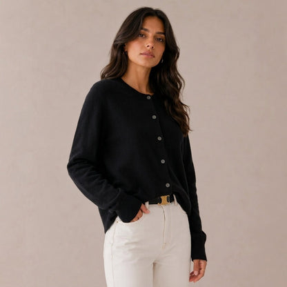 Women's cashmere cardigan featuring a button front and round neck, designed in a fitted style for versatile layering, perfect for both casual and formal occasions. 0
