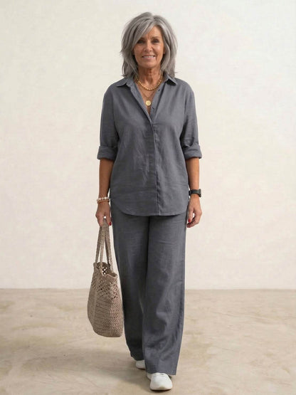 Women's cotton blend co-ord set featuring an oversized shirt and wide-leg trousers, perfect for casual outings and comfortable everyday wear. 6