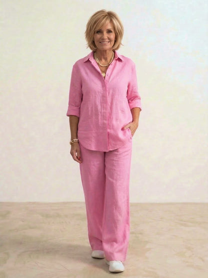 Women's cotton blend co-ord set featuring an oversized shirt and wide-leg trousers, perfect for casual outings and comfortable everyday wear. 5
