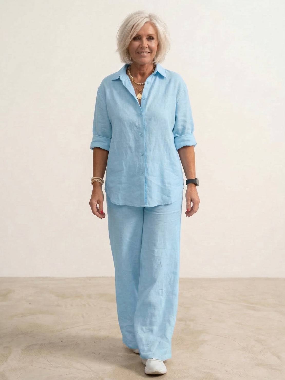 Women's cotton blend co-ord set featuring an oversized shirt and wide-leg trousers, perfect for casual outings and comfortable everyday wear. 4