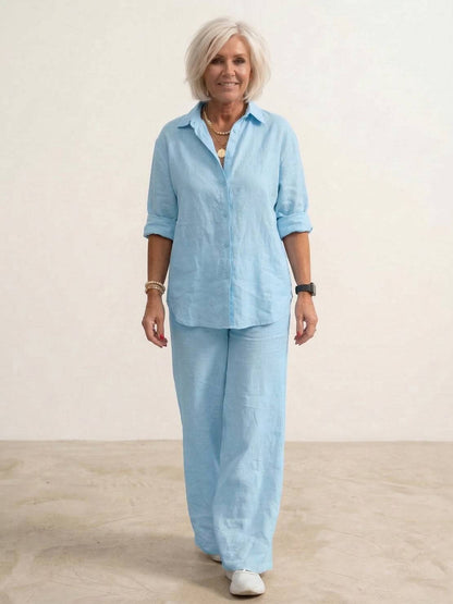 Women's cotton blend co-ord set featuring an oversized shirt and wide-leg trousers, perfect for casual outings and comfortable everyday wear. 4