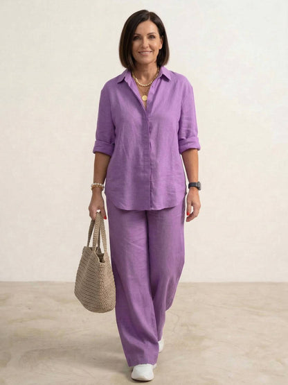 Women's cotton blend co-ord set featuring an oversized shirt and wide-leg trousers, perfect for casual outings and comfortable everyday wear. 8