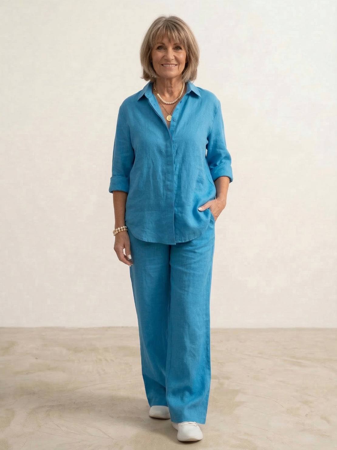 Women's cotton blend co-ord set featuring an oversized shirt and wide-leg trousers, perfect for casual outings and comfortable everyday wear. 7