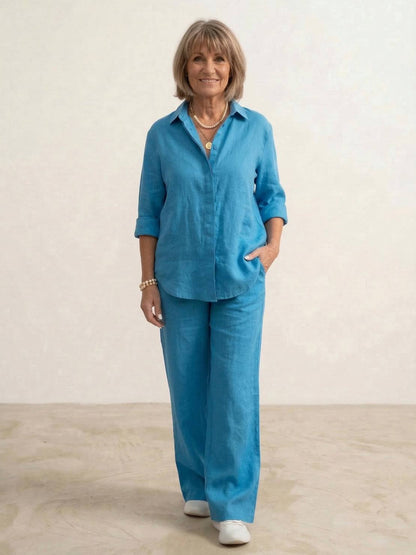 Women's cotton blend co-ord set featuring an oversized shirt and wide-leg trousers, perfect for casual outings and comfortable everyday wear. 7