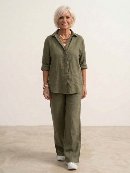 Women's cotton blend co-ord set featuring an oversized shirt and wide-leg trousers, perfect for casual outings and comfortable everyday wear. 2