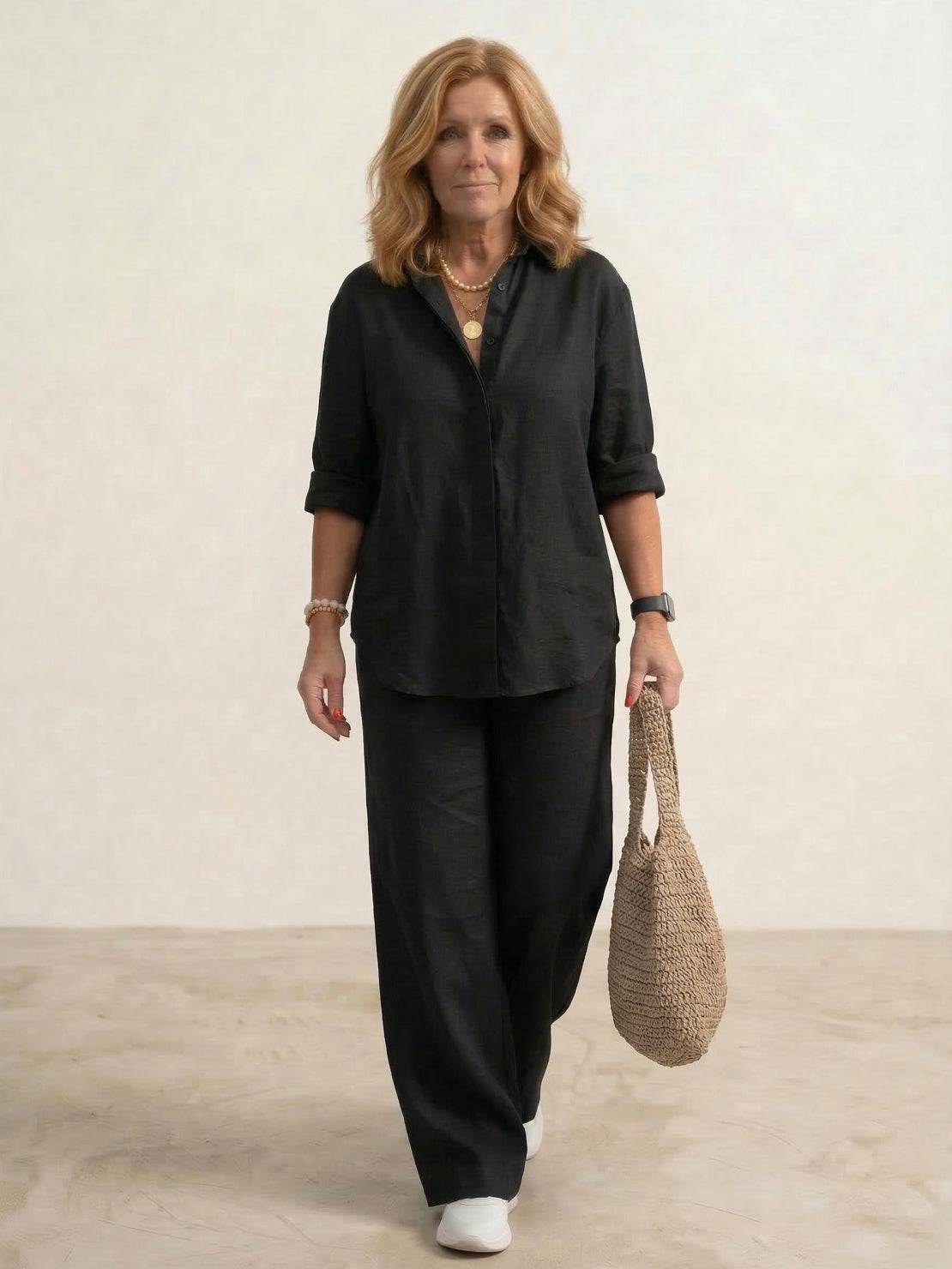 Women's cotton blend co-ord set featuring an oversized shirt and wide-leg trousers, perfect for casual outings and comfortable everyday wear. 3