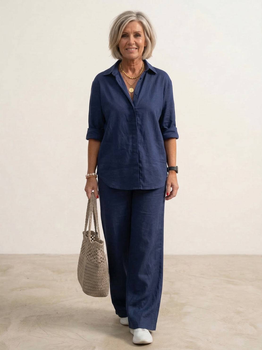 Women's cotton blend co-ord set featuring an oversized shirt and wide-leg trousers, perfect for casual outings and comfortable everyday wear. 0