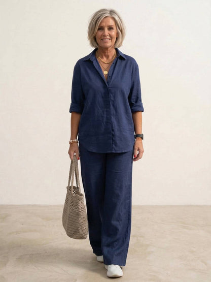Women's cotton blend co-ord set featuring an oversized shirt and wide-leg trousers, perfect for casual outings and comfortable everyday wear. 0
