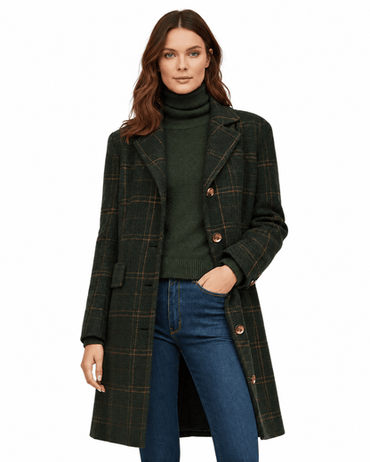 Women's fitted plaid wool blend coat with button closure, perfect for stylish winter outerwear. 1